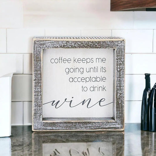 Wine Time wall art by Gia Roma, distressed gray frame with coffee and wine typography decor on Tampa Home & Garden Store