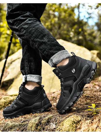 Stevvex men's winter ankle boots black leather hiking shoes with rugged anti-slip outsole on Tampa Home & Garden Store