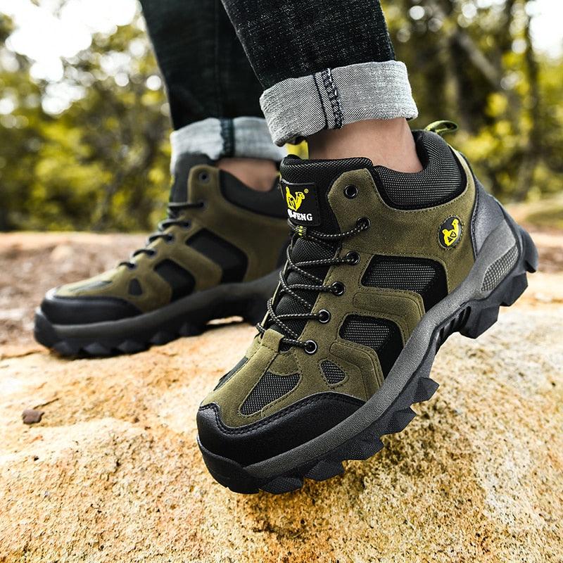 Stevvex men's winter ankle boots in olive green suede with black mesh, lace-up rugged sole on Tampa Home & Garden Store