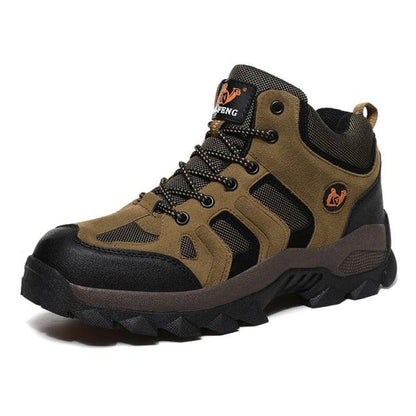 Stevvex men's winter hiking boots, tan leather with black mesh, lace-up anti-slip sole on Tampa Home & Garden Store