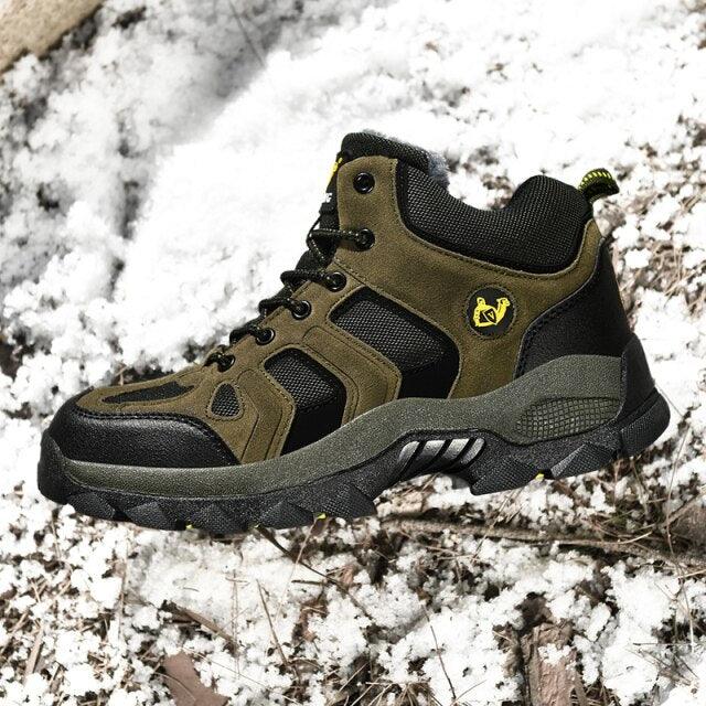 Winter Ankle Boots Mens Stevvex olive green leather hiking boot with fur lining and rugged sole on Tampa Home & Garden Store