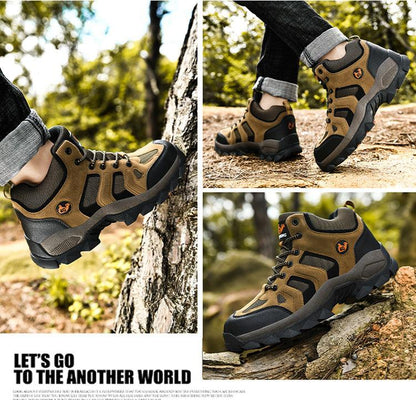 Stevvex men's winter hiking boots, brown leather with black accents, fur lining and outsole on Tampa Home & Garden Store
