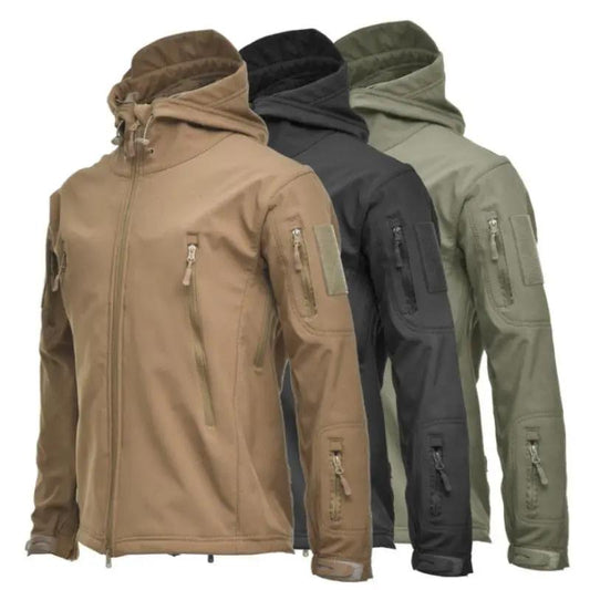 Three men's windbreaker jackets in tan, black, and olive with hoods and zip pockets on chest and sleeves on Tampa Home & Garden Store