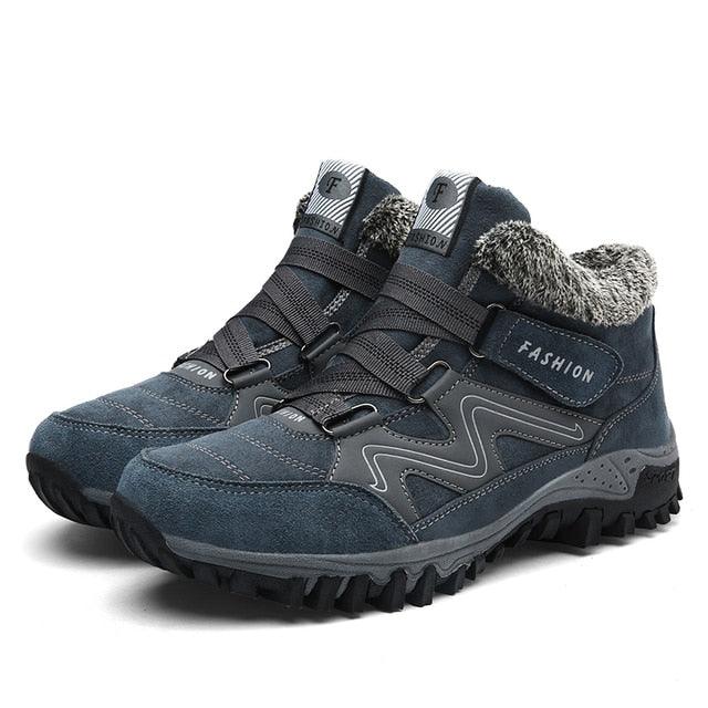 Stevvex winter boots with fur lining, dark blue/gray high-top, anti-slip rugged sole pair on Tampa Home & Garden Store