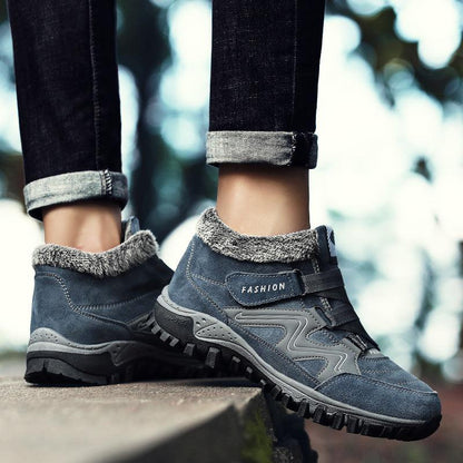 Stevvex blue fur-lined winter boots with Velcro strap, rugged rubber sole, high-top ankle support on Tampa Home & Garden Store