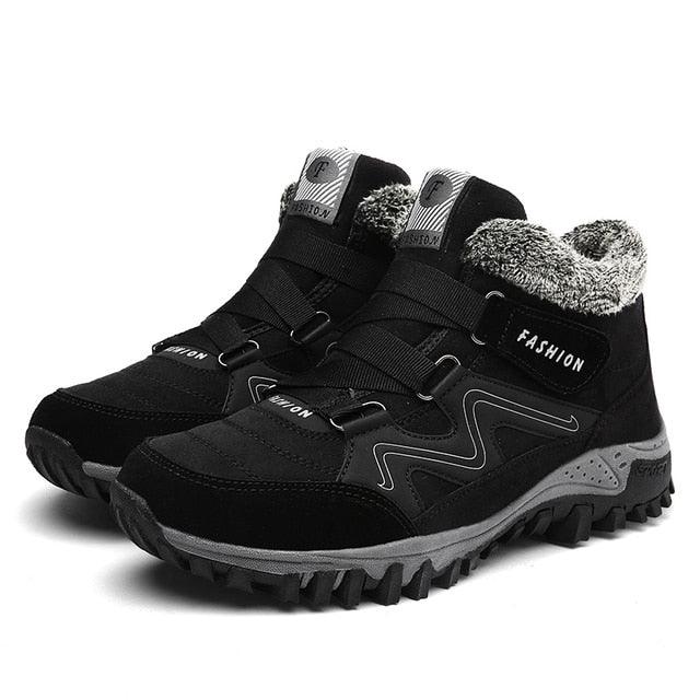 Stevvex black winter boots with fur lining, high-top rugged anti-slip rubber outsole, pair on Tampa Home & Garden Store