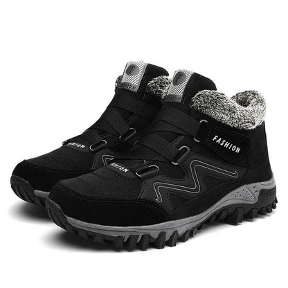 Stevvex black winter boots with fur lining, high-top rugged anti-slip rubber outsole, pair on Tampa Home & Garden Store