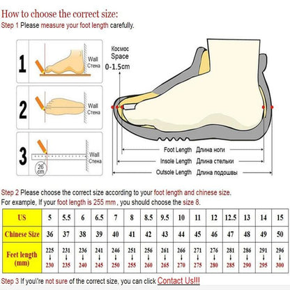 Stevvex winter boots sizing guide diagram showing foot-length steps and US/Chinese size chart with mm lengths on Tampa Home & Garden Store