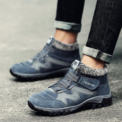Stevvex winter boots pair with fur lining, blue-gray high-top leather and rubber, anti-slip sole on Tampa Home & Garden Store