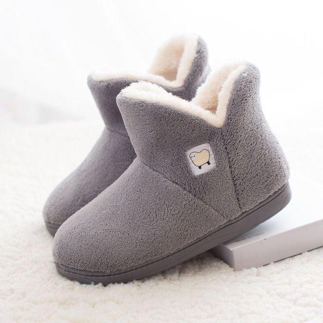 Gray plush women's slippers with white fur lining, closed-back bootie, sheep logo patch on Tampa Home & Garden Store