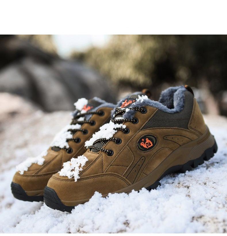 Stevvex brown winter hiking shoes with faux fur lining and rugged outsole; snow on laces on Tampa Home & Garden Store