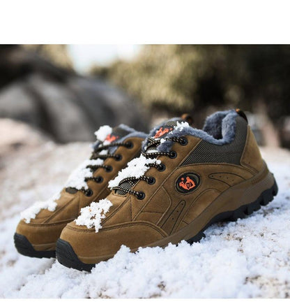 Stevvex brown winter hiking shoes with faux fur lining and rugged outsole; snow on laces on Tampa Home & Garden Store