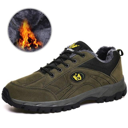 Stevvex olive green winter hiking shoe with fur lining, rugged outsole, lace-up, logo patch on Tampa Home & Garden Store