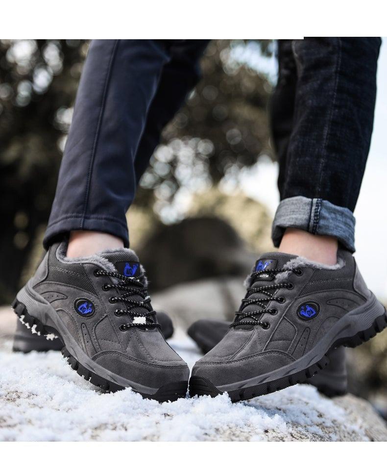 Stevvex men's winter hiking shoes gray with black laces and blue logo, pair on snow on Tampa Home & Garden Store