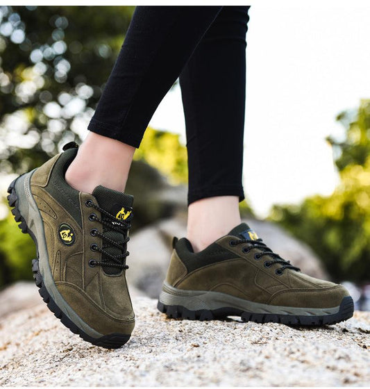 Winter hiking shoes Stevvex olive green black laces and rugged lug soles on Tampa Home & Garden Store
