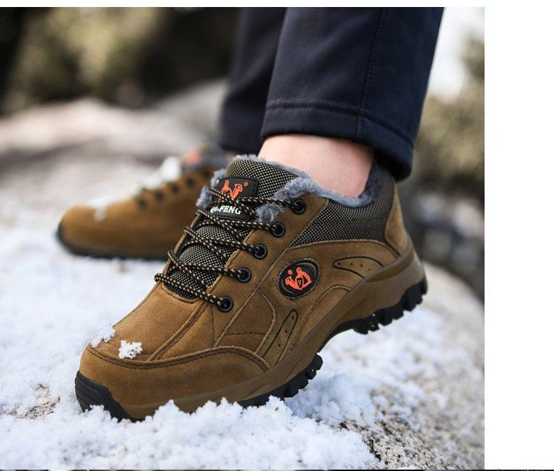 Stevvex winter hiking shoe men brown suede with black mesh collar and rugged lug sole in snow on Tampa Home & Garden Store