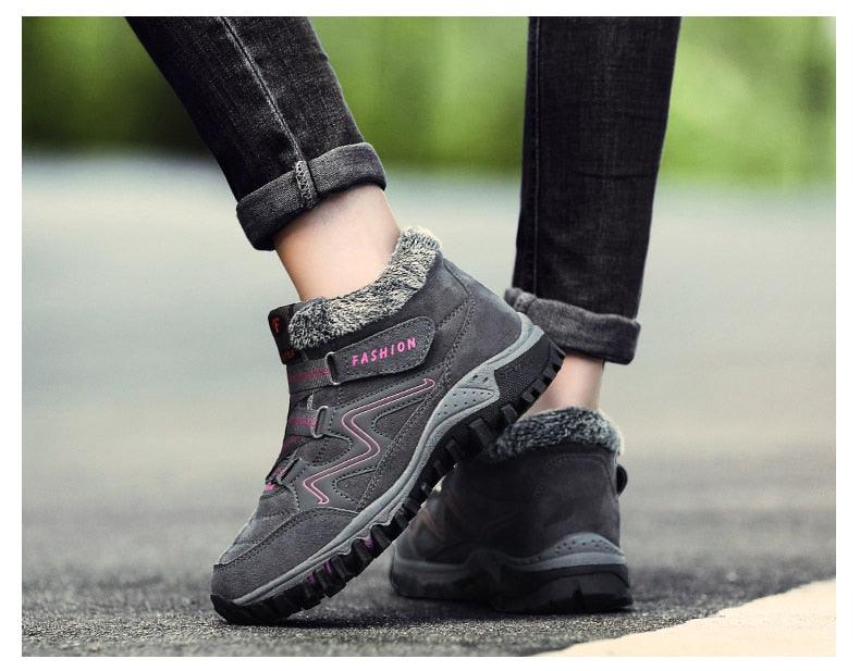 Stevvex winter fur-lined boots, gray high-top with pink accents and rugged non-slip sole pair on Tampa Home & Garden Store