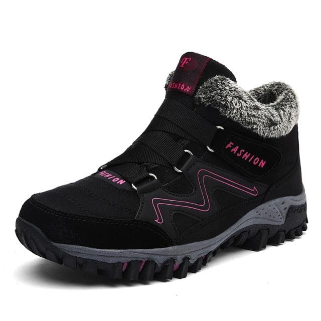 Stevvex black fur-lined winter boots high-top with pink stitching and rugged sole on Tampa Home & Garden Store