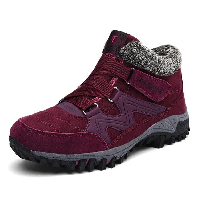Stevvex burgundy winter boots with fur lining, high-top leather, rugged non-slip sole on Tampa Home & Garden Store