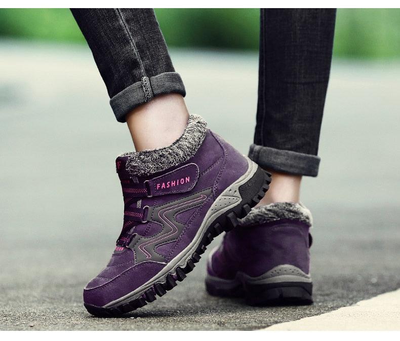 Winter fur-lined purple leather boots by Stevvex with rugged rubber sole for unisex wear on Tampa Home & Garden Store