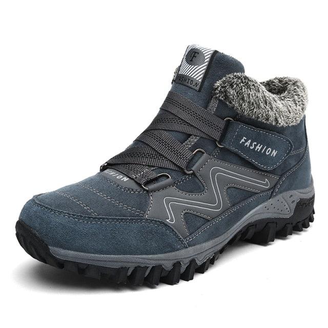 Winter high-top fur-lined grey-blue leather boots with rugged non-slip outsole on Tampa Home & Garden Store
