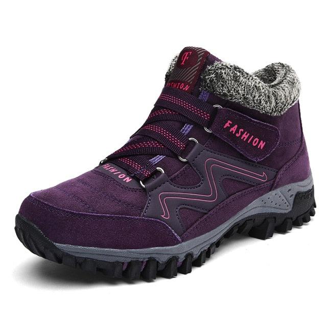 Stevvex winter high-top purple suede boots with faux fur lining, strap accents and rugged sole on Tampa Home & Garden Store