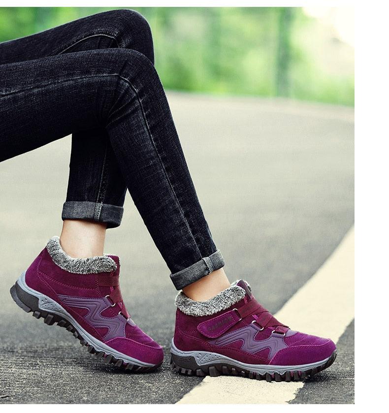 Stevvex winter fur-lined high-top boots, purple suede with gray fur trim and rugged outsole on Tampa Home & Garden Store