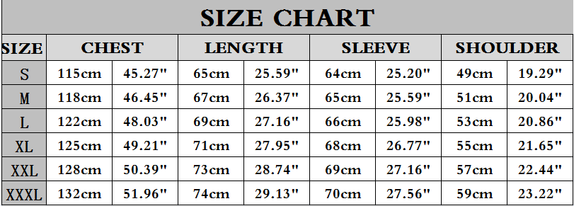 Stevvex winter fleece jacket size chart showing chest, length, sleeve, shoulder measurements on Tampa Home & Garden Store