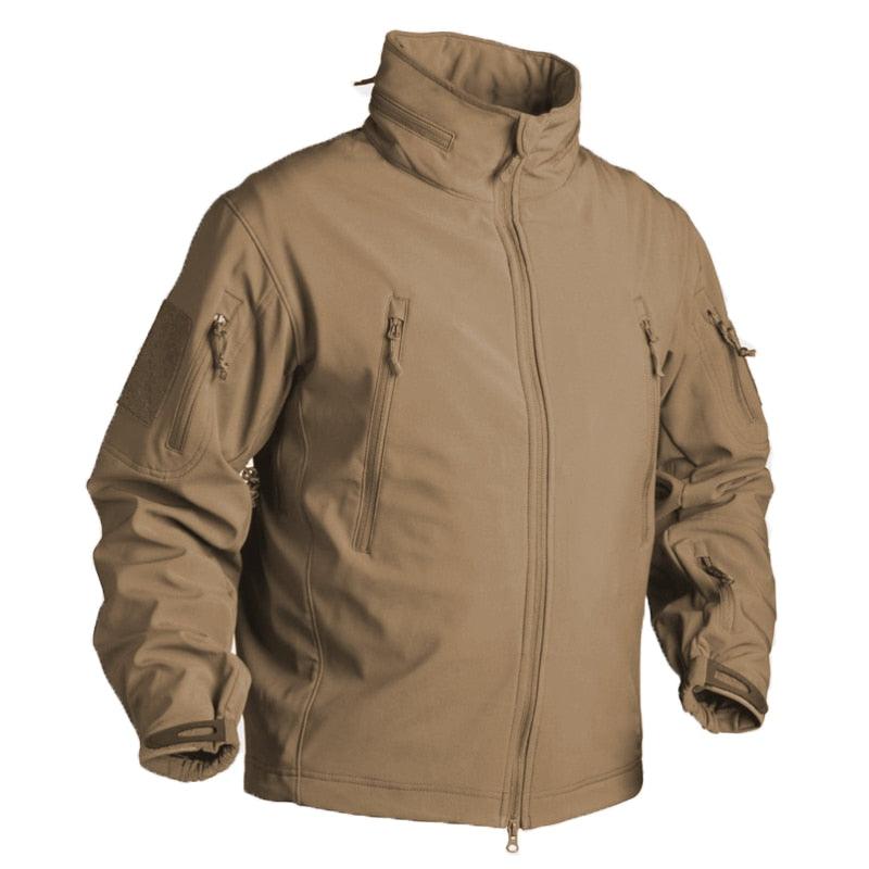 Stevvex men's tan tactical fleece jacket with zip pockets, high collar, front zip on Tampa Home & Garden Store