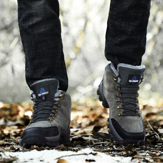 Stevvex winter hiking boots pair, gray high-top lace-up with black toe caps and rugged sole on Tampa Home & Garden Store