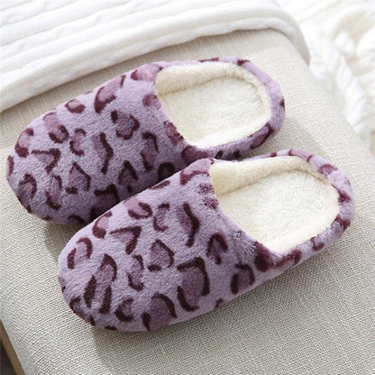 Winter home slippers for women purple leopard print plush interior memory foam pair on Tampa Home & Garden Store