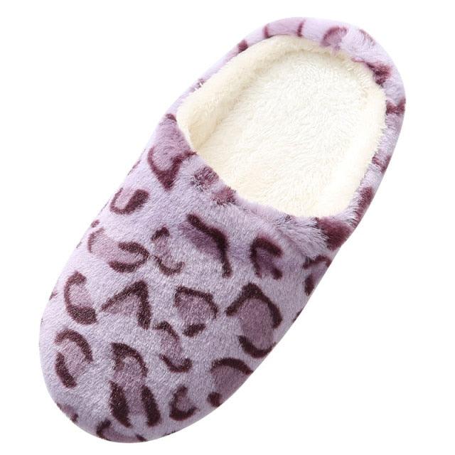 Stevvex lavender leopard print winter slippers with cream plush lining memory foam on Tampa Home & Garden Store