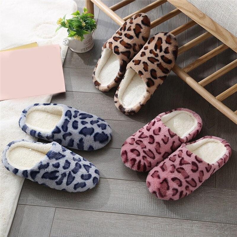 Leopard print winter slippers Stevvex set of 4 plush memory foam slip-ons in brown blue pink on Tampa Home & Garden Store