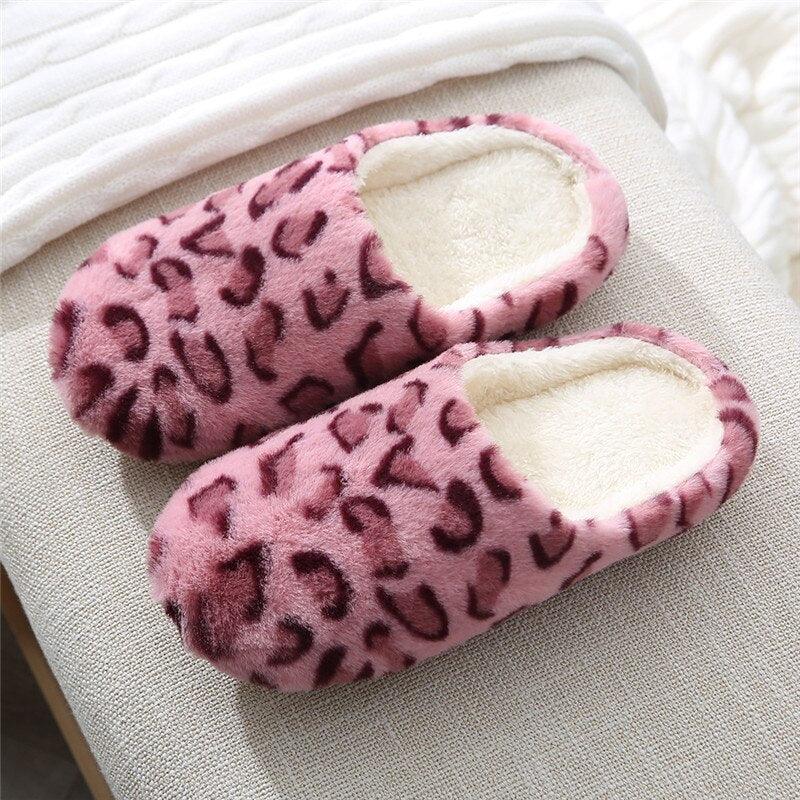 Slippers pink leopard-print fuzzy slip-on pair with plush lining on Tampa Home & Garden Store