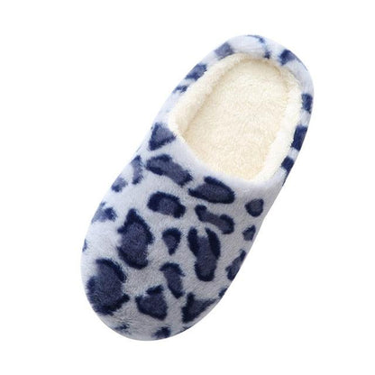 Stevvex leopard-print plush slipper with blue and cream fuzzy exterior and memory foam comfort on Tampa Home & Garden Store