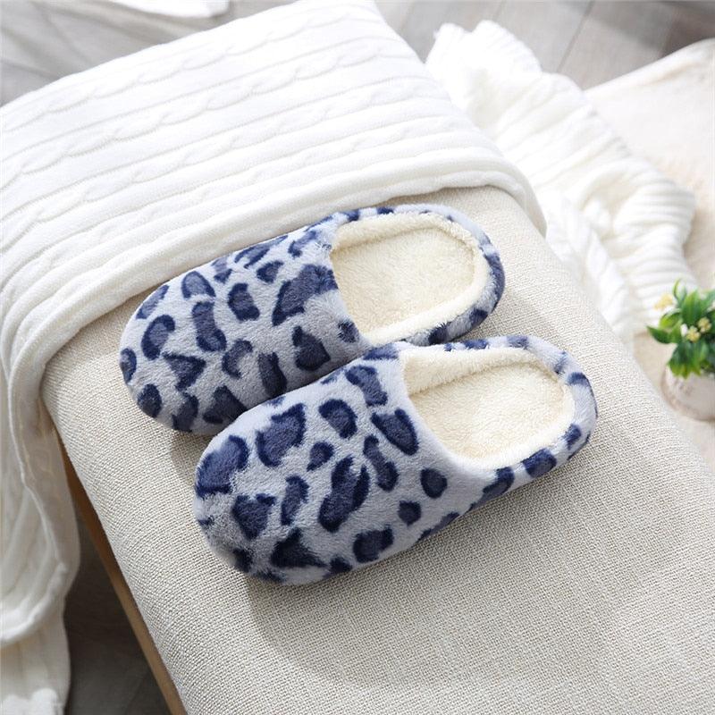 Stevvex pair of blue leopard-print plush slippers with memory foam sole on Tampa Home & Garden Store