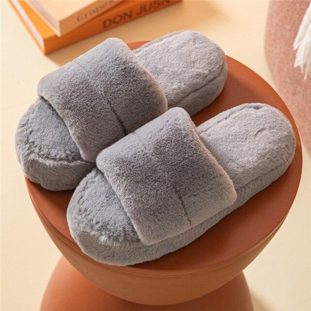 Stevvex women's plush slippers gray fluffy fur slides thick soles indoor house slippers on Tampa Home & Garden Store
