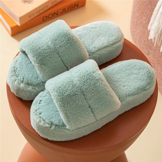 Stevvex women's blue plush winter slippers, pair with open toe and thick sole on Tampa Home & Garden Store
