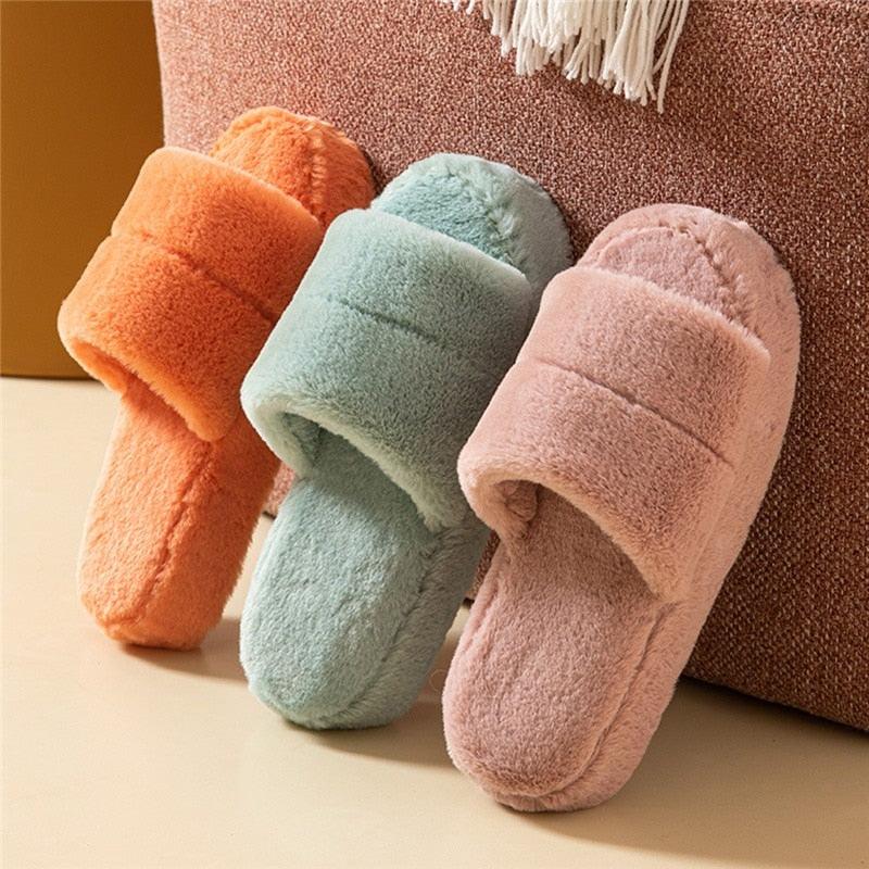Stevvex women's plush fur slippers open-toe house slides in orange, aqua, pink soft thick sole on Tampa Home & Garden Store