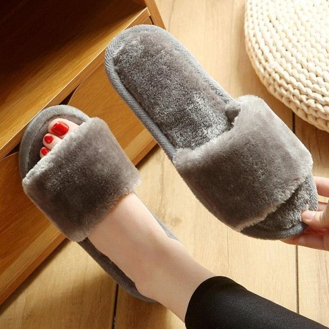 Stevvex slippers grey plush fur open-toe indoor slides with thick sole two fluffy house slippers on Tampa Home & Garden Store
