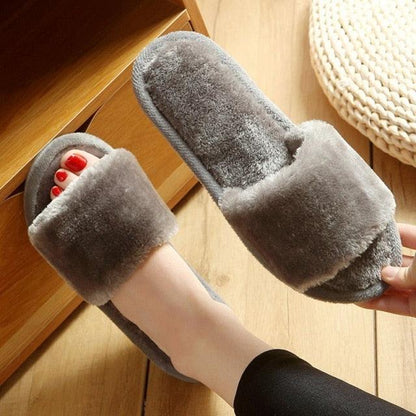 Stevvex slippers grey plush fur open-toe indoor slides with thick sole two fluffy house slippers on Tampa Home & Garden Store
