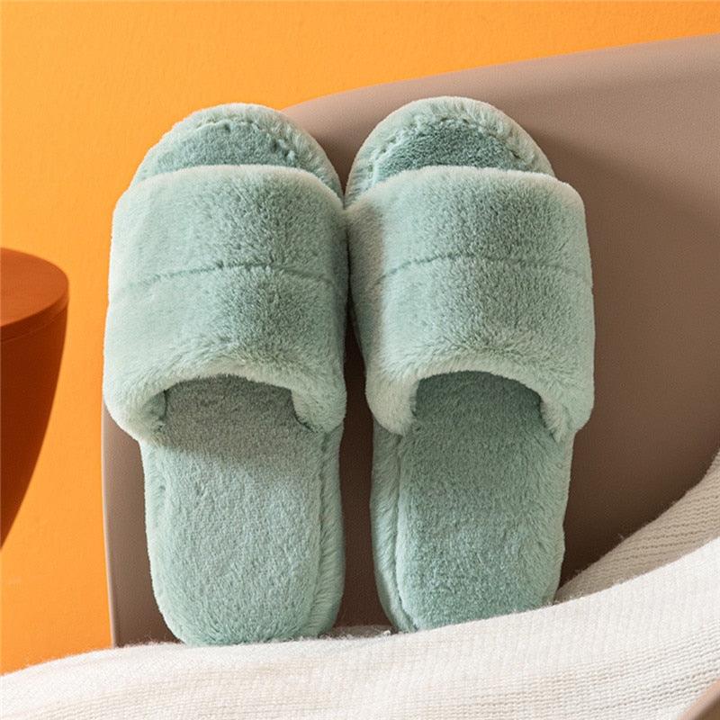 Women’s mint green plush fuzzy open-toe slippers with thick soles by Stevvex indoor on Tampa Home & Garden Store