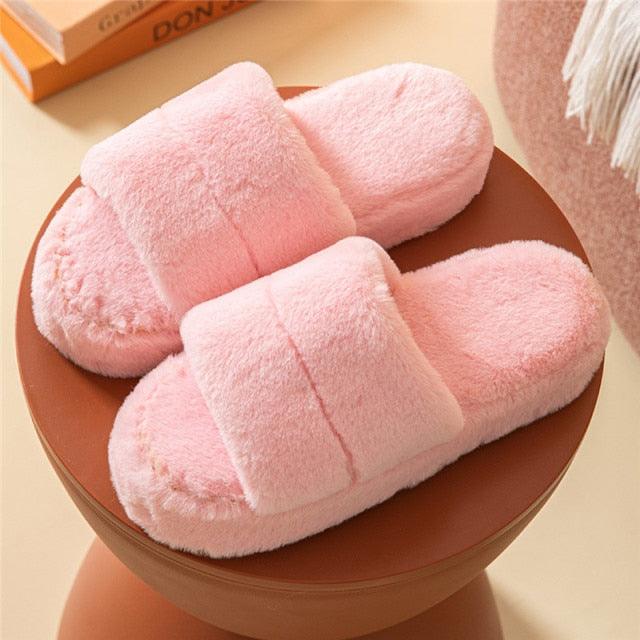 Stevvex pink plush fluffy slippers pair with open-toe design and thick soles on Tampa Home & Garden Store
