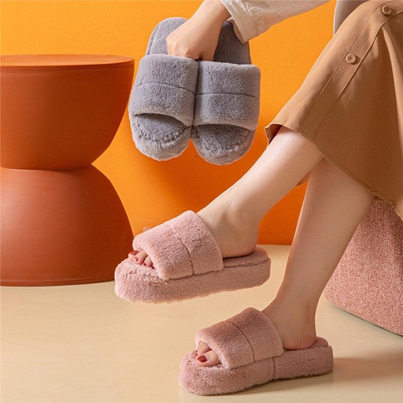 Stevvex women's plush fluffy slippers pink open-toe slides with thick soles gray pair included on Tampa Home & Garden Store
