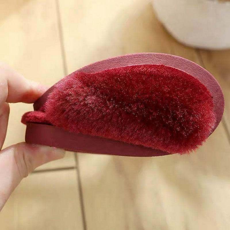 Women's red plush slipper by Stevvex with fuzzy fur and thick sole for indoor use on Tampa Home & Garden Store