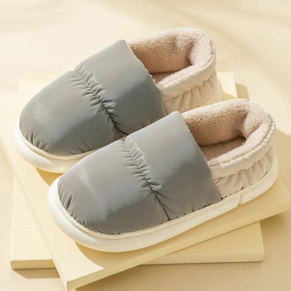 Stevvex winter fur slippers gray padded upper with plush beige lining and white sole on Tampa Home & Garden Store