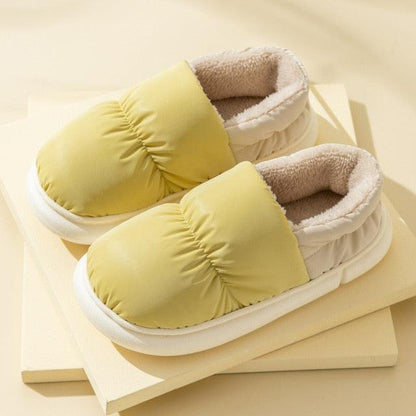 Stevvex yellow fur-lined slippers with plush interior, memory foam sole and white outsole on Tampa Home & Garden Store