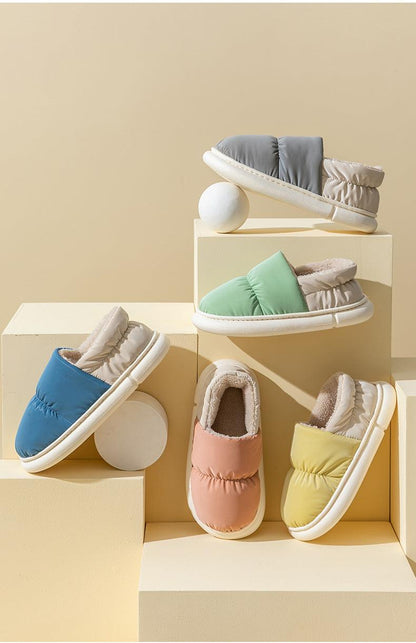 Stevvex fur slippers five-color display blue green pink yellow gray plush lining memory foam on Tampa Home & Garden Store