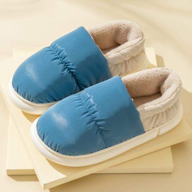Stevvex blue fur-lined slippers pair with plush interior and white sole on Tampa Home & Garden Store