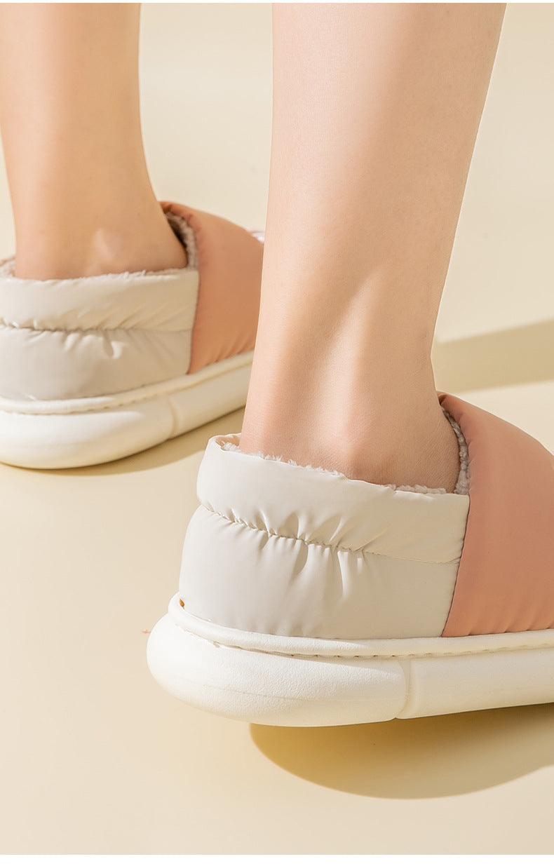 Stevvex women’s winter fur slippers with beige upper and pink panel, memory foam sole on Tampa Home & Garden Store